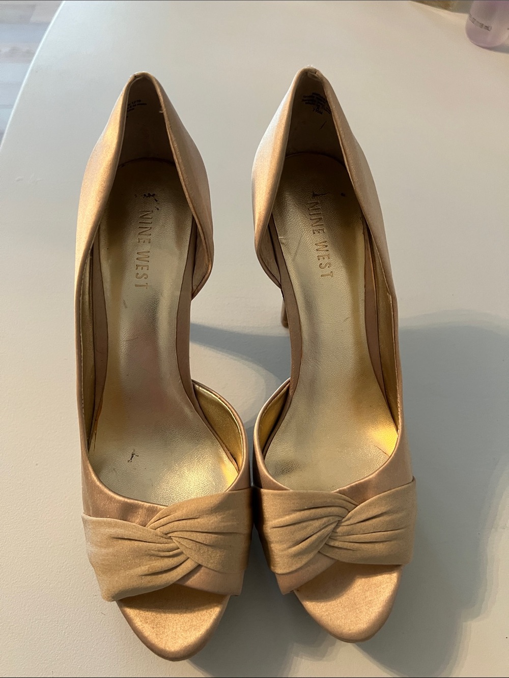 Nine West Rose Gold Satin Knotted Peep-Toe Heels